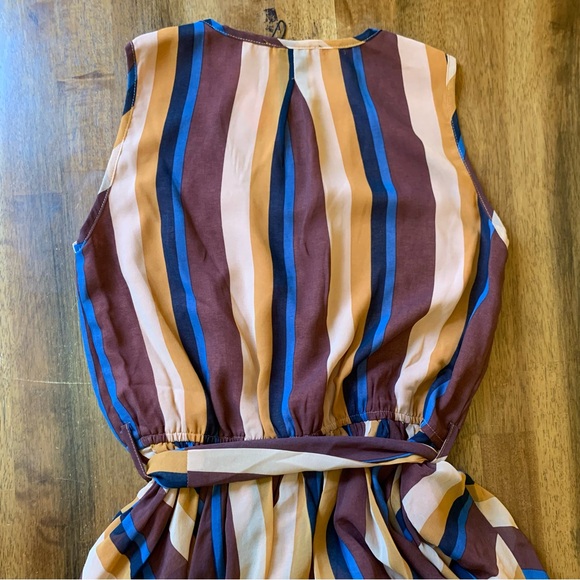 Olivaceous V-Neck Maxi Dress Large Striped Blue Brown Tie Waist Long outer Panel - Picture 10 of 13